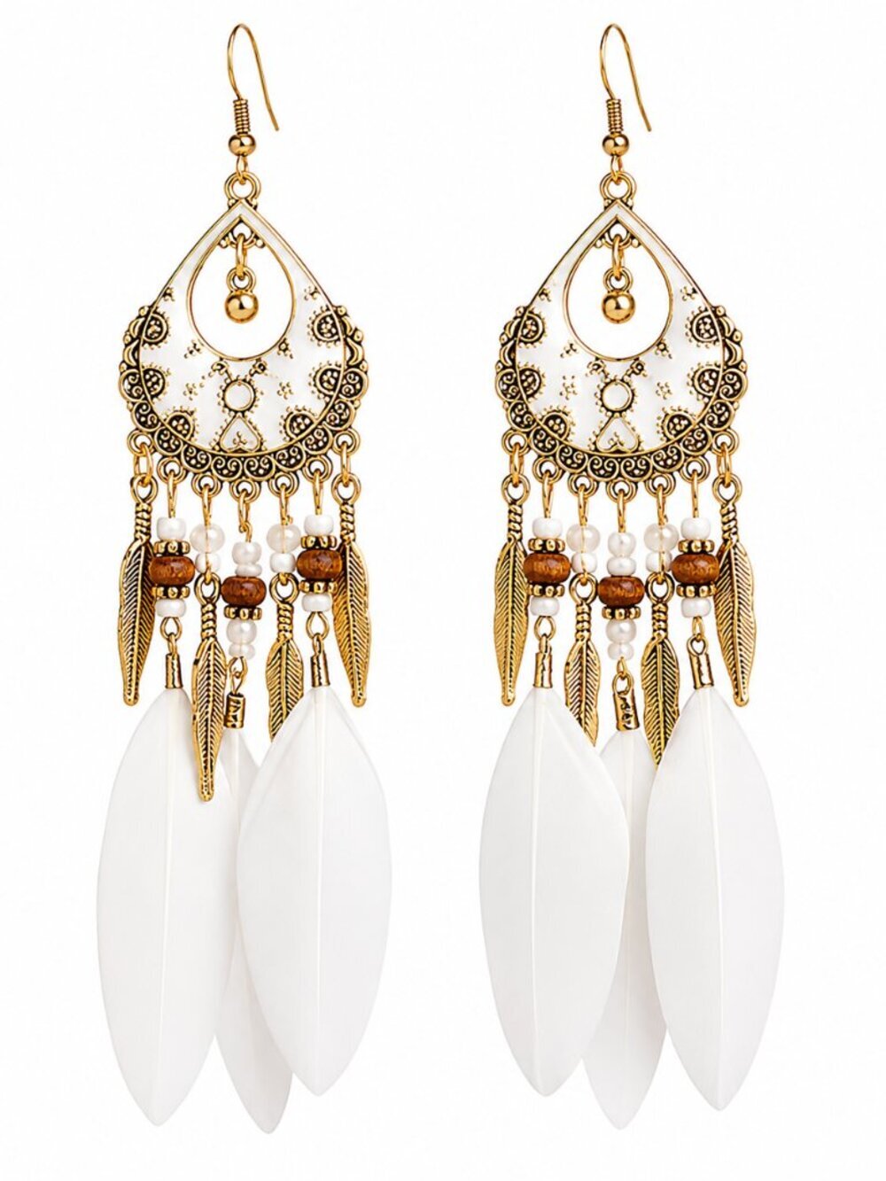 🆕 Boho Gold Tone White Long Feather Dangle Earrings Statement Jewelry NWOT